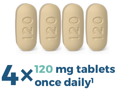 First dose reduction is four LUMAKRAS® (sotorasib) 120mg tablets once daily
